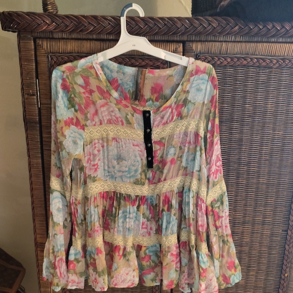 Floral Lace-Trim Peasant Blouse - Multicolor